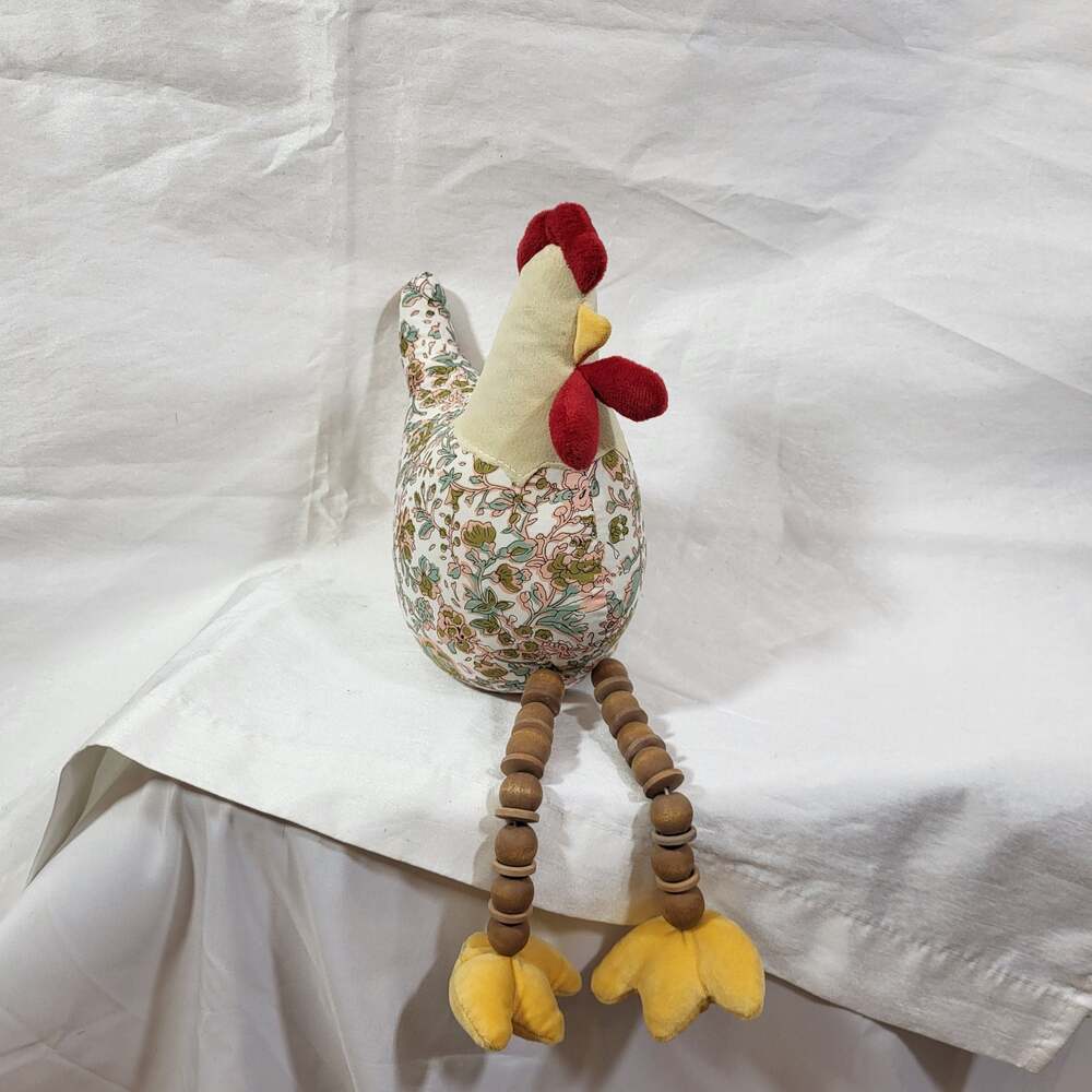 Cotttagecore Handmade Floral Fabric Sitting Rooster with Wooden Bead Dangle Legs